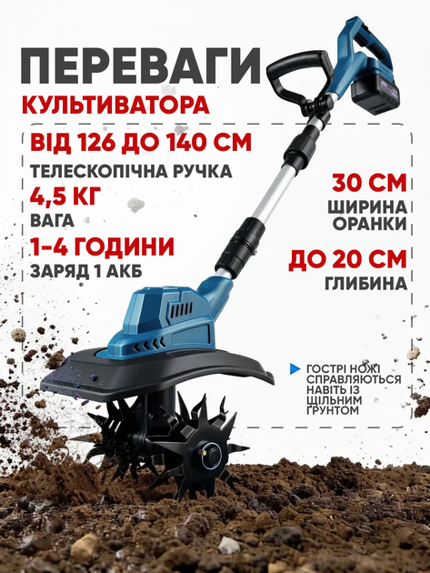 Аккумуляторный ручной культиватор для рыхления и пропалки земли 2 АКБ + LED дисплей синий - изображение 4