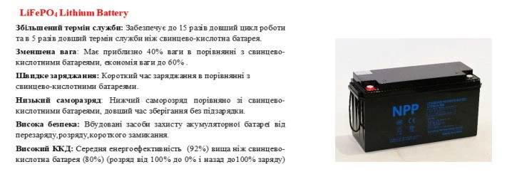 Акумулятор LiFePO4 25.6V 100 Ah 2560Wh 100A BMS NPP LF25.6-100 (3000/7000 циклів при розряді 100/20%) - изображение 2