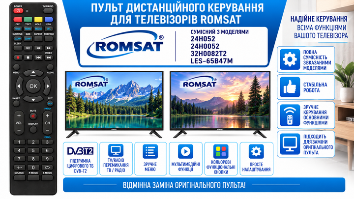 Пульт дистанційного керування для телевізора ROMSAT модель 32H0082T2 - Фото 2 Пульт дистанційного керування для телевізора ROMSAT модель 32H0082T2 - зображення 2