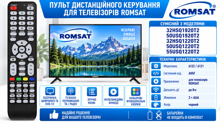 Пульт дистанційного керування для телевізора ROMSAT модель 32HSQ1920T2 - зображення 2