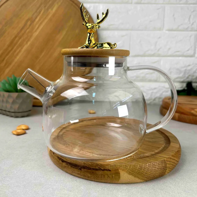 Стеклянный заварочный чайник Stag GK-5536 1 л с деревянной крышкой и декоративной фигуркой оленя Прозрачный - изображение 4