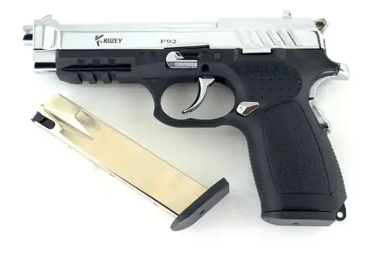 Стартовый пистолет Kuzey F92 shiny chrome, с доп. магазином (Beretta 92) - изображение 2