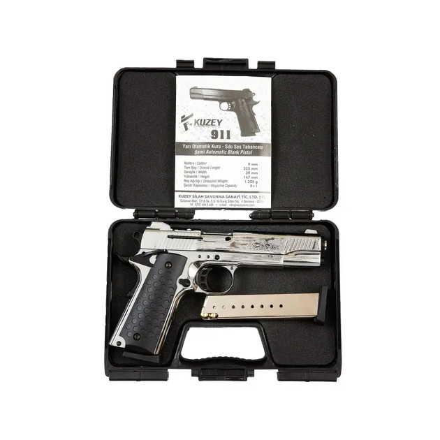 Стартовый пистолет Kuzey 911 engraved matte chrome, черные ручки, с доп. магазином (Colt 1911) - Фото 4 Стартовый пистолет Kuzey 911 engraved matte chrome, черные ручки, с доп. магазином (Colt 1911) - изображение 4