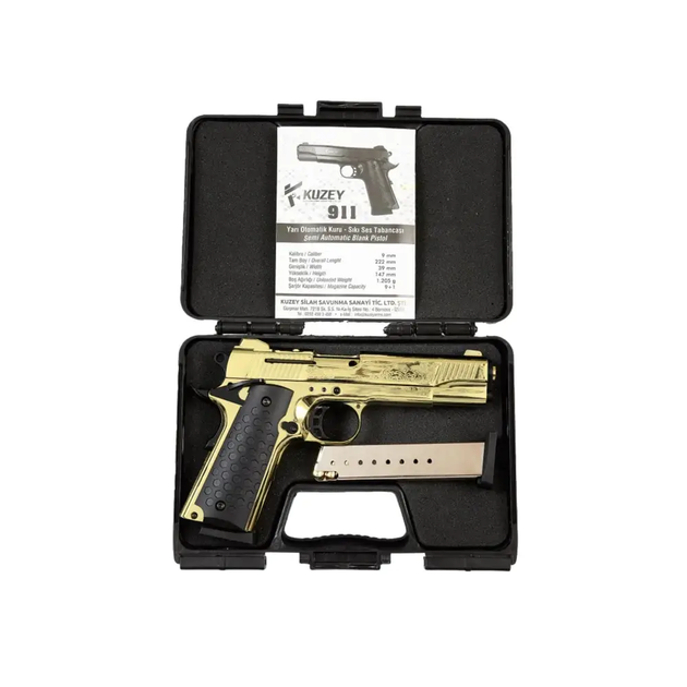 Стартовый пистолет Kuzey 911 gold, черные ручки, с доп. магазином (Colt 1911) - Фото 4 Стартовый пистолет Kuzey 911 gold, черные ручки, с доп. магазином (Colt 1911) - изображение 4