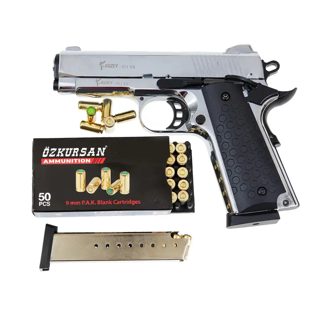 Стартовый пистолет Kuzey 911 SX matte chrome, черные ручки, с доп. магазином (Colt 1911) - изображение 4