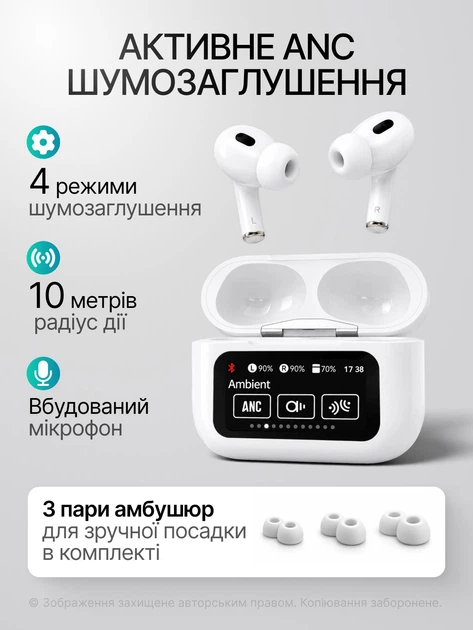 Беспроводные вакуумные блютуз наушники Lexego Air 9 Pro 2 для IOS и Android с сенсорным экраном и шумопоглощением ANC Bluetooth White A9Pro5-W - изображение 4