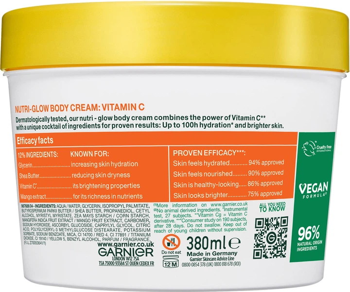 Зволожувальний крем Garnier Vitamin C Nutri-Glow з вітаміном С та ароматом манго з ефектом сяяння для тьмяної сухої шкіри тіла, рук та ніг 380 мл (3600542546096) - Фото 4 Зволожувальний крем Garnier Vitamin C Nutri-Glow з вітаміном С та ароматом манго з ефектом сяяння для тьмяної сухої шкіри тіла, рук та ніг 380 мл (3600542546096) - зображення 4