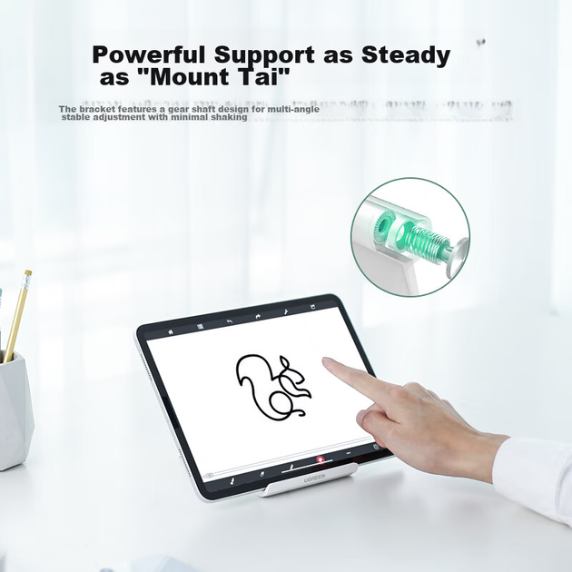 Подставка для планшета Ugreen для iPad, планшета и телефона, настольная подставка для прямых трансляций, прикроватная подставка с регулируемым углом наклона, универсальная для Apple, Huawei и Xiaomi. - изображение 7