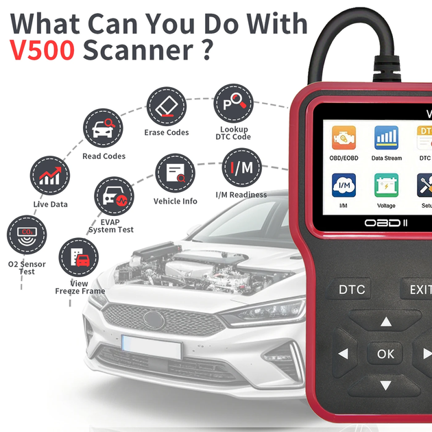 Автосканер OBD2 V500 проводной цветной дисплей — Автомобильный диагностический сканер считыватель ошибок Check Engine - изображение 7