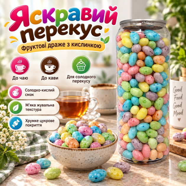 Фруктові драже з кислинкою 450 г жувальні цукерки з фруктовим смаком кисло-солодкі солодощі власного виробництва м’які драже з хрумким цукровим покриттям до чаю кави - зображення 4