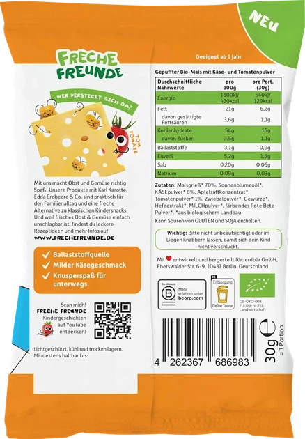 Кукурудзяні снеки з сиром і томатом Freche Freunde для дітей від 1 року, 30 г - Фото 2 Кукурудзяні снеки з сиром і томатом Freche Freunde для дітей від 1 року, 30 г - изображение 2