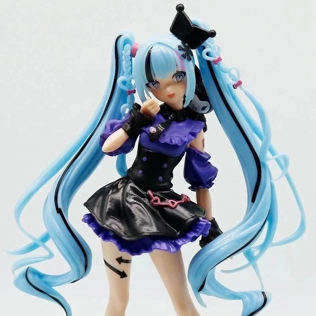 Коллекционная аниме-фигурка Hatsune Miku в образе Kuromi 20 см ПВХ статуэтка на подставке для декора рабочего стола и пополнения виртуальной коллекции - изображение 2