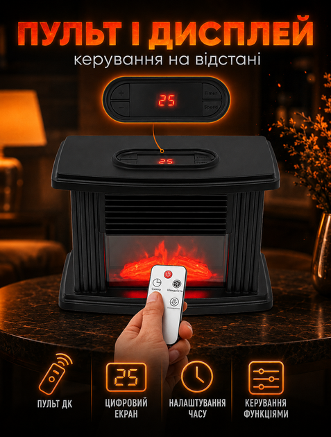 Камін електричний 3D ефект полум'я 1000 Вт 220В з дистанційним керуванням 22х15, 3х12 см - Фото 5 Камін електричний 3D ефект полум'я 1000 Вт 220В з дистанційним керуванням 22х15, 3х12 см - зображення 5