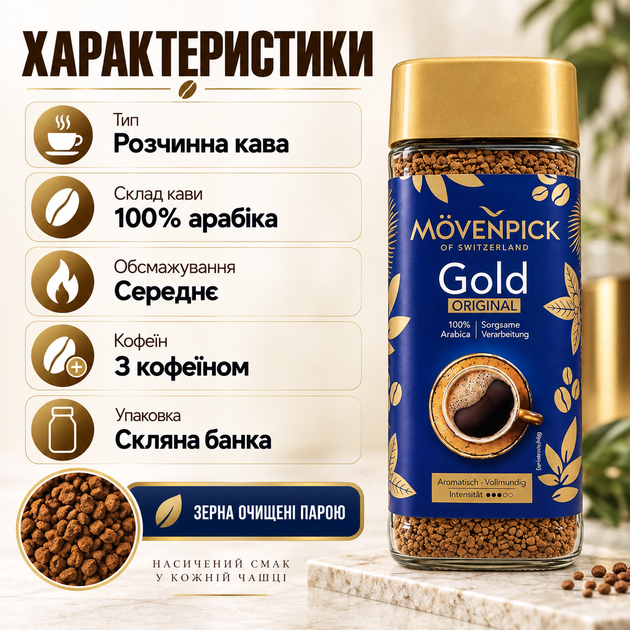 Розчинна кава Movenpick 230 г натуральна 100% арабіка кава з кофеїном середнього обсмажування м’який смак насичений аромат скляна банка виробництво Німеччина - Фото 3 Розчинна кава Movenpick 230 г натуральна 100% арабіка кава з кофеїном середнього обсмажування м’який смак насичений аромат скляна банка виробництво Німеччина - зображення 3