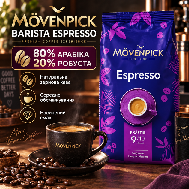 Кава в зернах Movenpick 1010 г зернова кава 80% арабіка 20% робуста середнього обсмажування натуральна кава з насиченим смаком м’яким ароматом вакуумна упаковка - Фото 1 Кава в зернах Movenpick 1010 г зернова кава 80% арабіка 20% робуста середнього обсмажування натуральна кава з насиченим смаком м’яким ароматом вакуумна упаковка - зображення 1