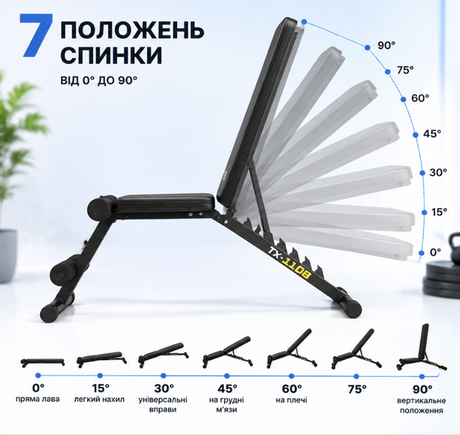 Тренувальна лава Trex Sport TX-110B, складна лава для тренувань з регульованою спинкою та еспандерами - изображение 2