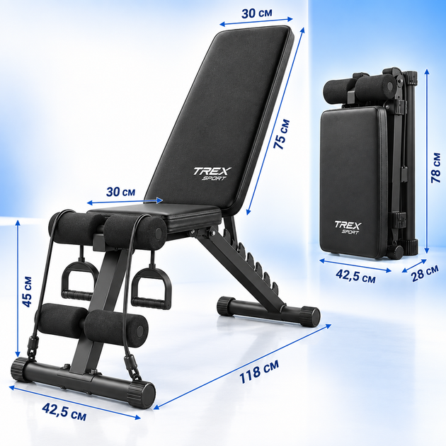Тренувальна лава Trex Sport TX-110B, складна лава для тренувань з регульованою спинкою та еспандерами - изображение 4
