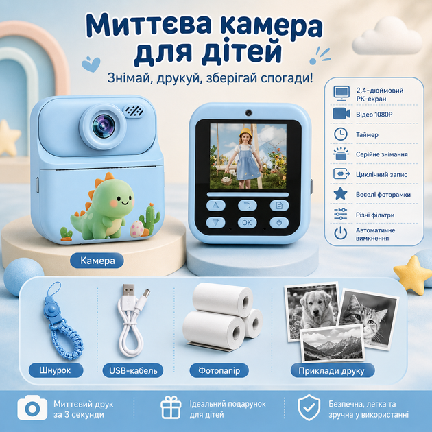 Дитяча камера миттєвого друку з РК-екраном 2,4″, відео 1080P, фоторамками, фільтрами та 3 рулонами паперу - зображення 4