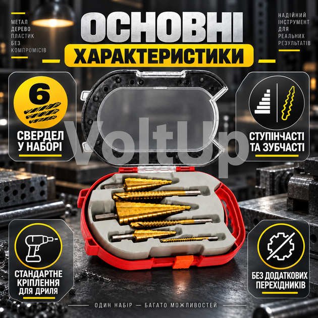 Комплект сверл HSS 4241 из 6 предметов ступенчатые и зубчатые для сверления металла пластика дерева и кровельных листов - Фото 3 Комплект сверл HSS 4241 из 6 предметов ступенчатые и зубчатые для сверления металла пластика дерева и кровельных листов - изображение 3