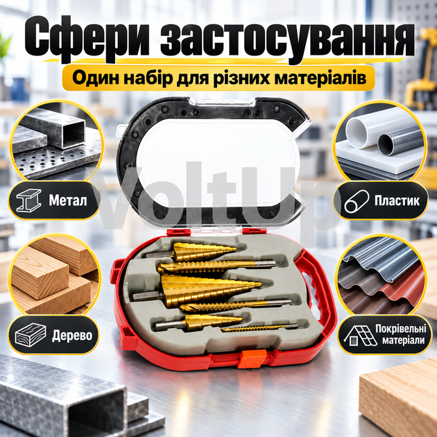 Набор ступенчатых и зубчатых сверл 6 в 1 HSS 4241 для металла дерева пластика и кровельных материалов - Фото 5 Набор ступенчатых и зубчатых сверл 6 в 1 HSS 4241 для металла дерева пластика и кровельных материалов - изображение 5