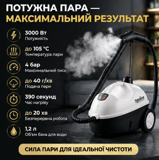 Пароочисник для будинку Zepline ZP-00223 2500вт Паровий очищувач для авто меблів Парогенератор для килимів (Віпарювач-пароочисник) - зображення 2