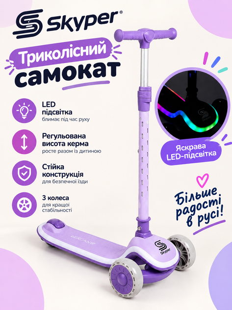 Триколісний самокат Skyper LS-6270 з підсвічуванням, PU-колесами 125×35 мм і складаним кермом - Фото 1 Триколісний самокат Skyper LS-6270 з підсвічуванням, PU-колесами 125×35 мм і складаним кермом - зображення 1
