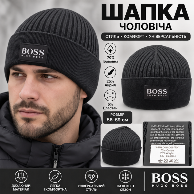 Мужская черная вязаная шапка B.S. из хлопка с отворотом, тонкая, классическая посадка, логотип, 56–59 см - изображение 2