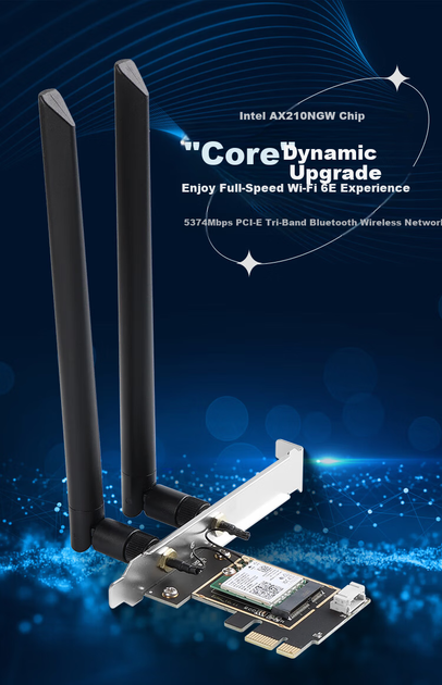 Wi-Fi/Bluetooth адаптер MOGE AX210 WiFi6 / AX5374 / Bluetooth 5.3 / Три диапазона / PCI Express - Фото 2 Wi-Fi/Bluetooth адаптер MOGE AX210 WiFi6 / AX5374 / Bluetooth 5.3 / Три диапазона / PCI Express - изображение 2