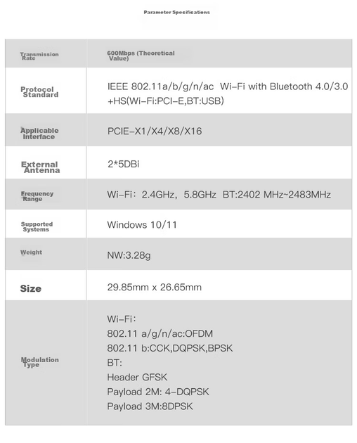 Wi-Fi/Bluetooth адаптер EDUP EP-9619 WiFi5 / 600 Мбіт/с / Bluetooth 4.0 / Два діапазони / PCI Express - Фото 9 Wi-Fi/Bluetooth адаптер EDUP EP-9619 WiFi5 / 600 Мбіт/с / Bluetooth 4.0 / Два діапазони / PCI Express - зображення 9
