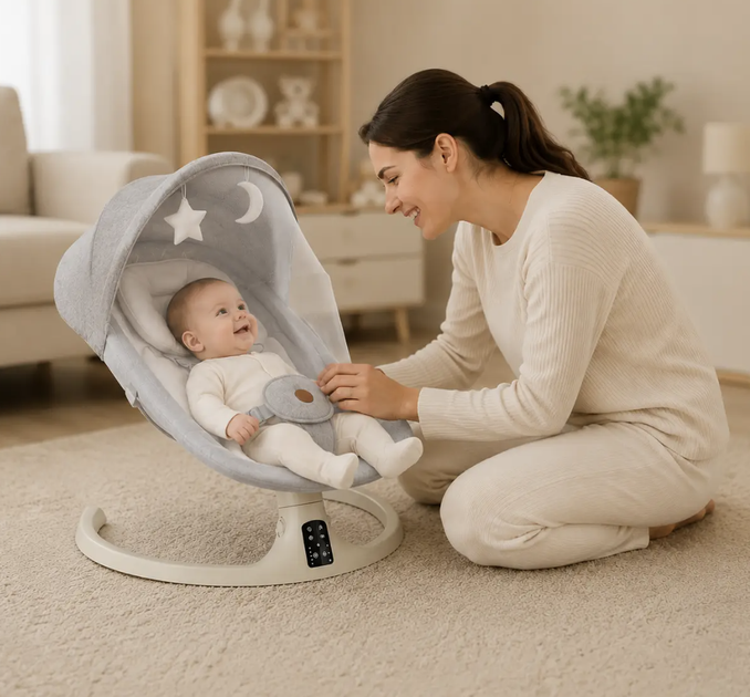 Детская люлька-качалка M06 3в1 с Bluetooth USB 15 мелодиями 5 режимами укачивания Таймер 15/30/45 мин Пульт Москитная сетка Пятиточечные ремни - изображение 7