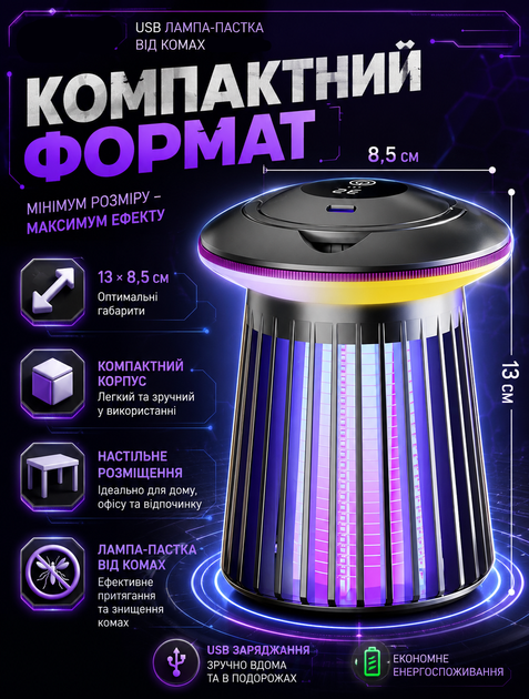 Лампа уничтожитель комаров электрическая 5 Вт аккумулятор 2000 мАч Type C зарядка ультрафиолетовая 13х8,5 см 220 г с подсветкой - изображение 9