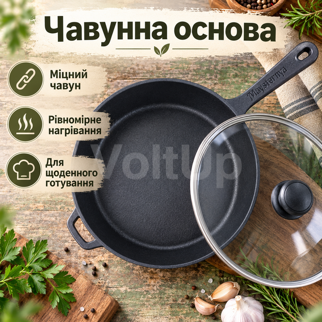 Чавунна сковорода-сотейник Maysternya Т202С3 24×6 см зі скляною кришкою, литою ручкою для всіх видів плит і духовки - зображення 3