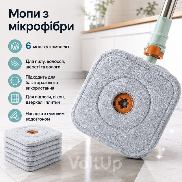 Швабра з віджимом та відром 2 л бірюзова — турбо швабра-ледарка з 2 насадками та 6 мопами для підлоги й вікон - Фото 3 Швабра з віджимом та відром 2 л бірюзова — турбо швабра-ледарка з 2 насадками та 6 мопами для підлоги й вікон - зображення 3