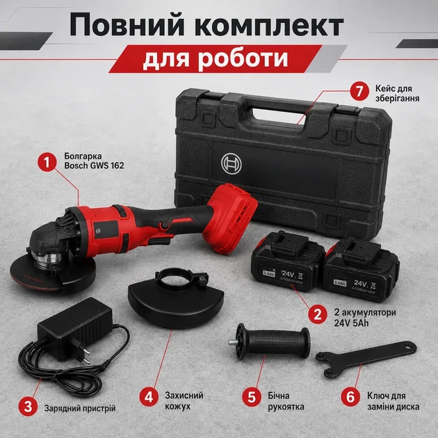 Аккумуляторная бесщеточная угловая шлифмашина 24 В 5 Ah, болгарка 125 мм, 8500 об/мин, 2 АКБ в кейсе (10001) - изображение 6