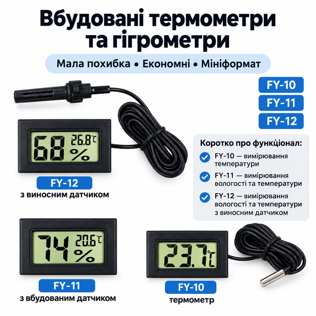 ЦифровЦифровой термогигрометр FY-12 с выносным датчиком — электронный термометр-гигрометр для измерения температуры и влажностиой термометр TPM-10 с выносным датчиком — электронный термометр с LCD-дисплеем (COPY) - изображение 2