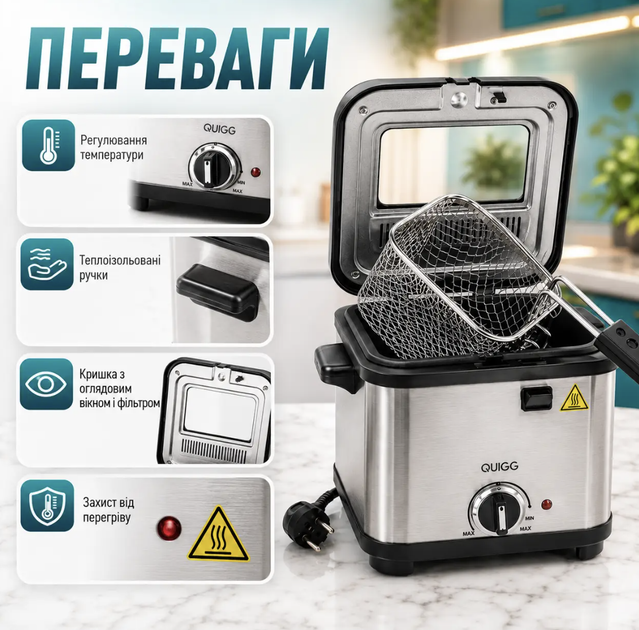 Фритюрница Rainberg RB-2219 3200 Вт 3 л со съемной чашей Антипригарное покрытие Регулировка 150–190 °C Фильтр смотровое окно для картофеля фри - изображение 2