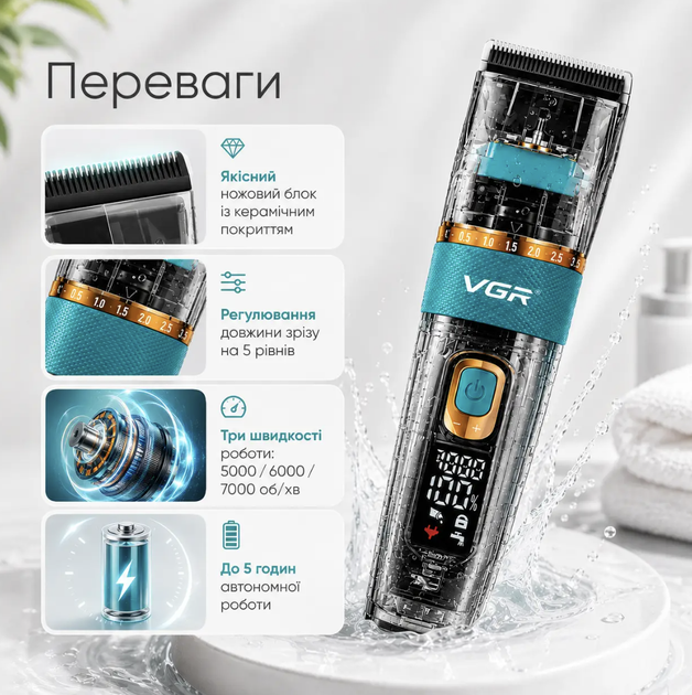 Профессиональная машинка для стрижки VGR V-695 5 V Li-ion 2600 мА·ч до 5 часов 3 скорости 5000/6000/7000 об/мин IPX7 LED-дисплей Ножи керамика нержавеющая сталь - Фото 2 Профессиональная машинка для стрижки VGR V-695 5 V Li-ion 2600 мА·ч до 5 часов 3 скорости 5000/6000/7000 об/мин IPX7 LED-дисплей Ножи керамика нержавеющая сталь - изображение 2