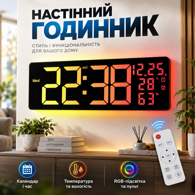 Настенные часы 6669R с календарем, температурой, влажностью, RGB и пультом - Фото 1 Настенные часы 6669R с календарем, температурой, влажностью, RGB и пультом - изображение 1