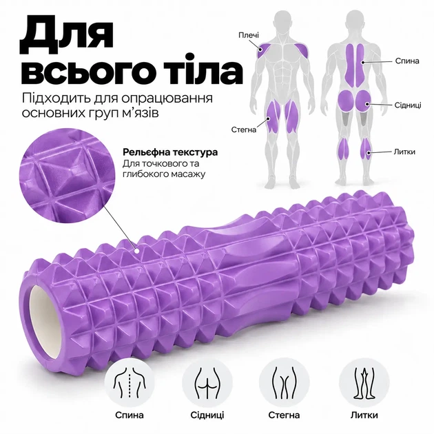 Масажний ролик для спини та м'язів MuvNext 45×12 см, рельєфний Foam Roller, PVC + Foam Фіолетовий - Фото 2 Масажний ролик для спини та м'язів MuvNext 45×12 см, рельєфний Foam Roller, PVC + Foam Фіолетовий - зображення 2