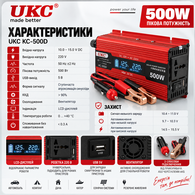 Инвертор напряжения UKC KC-500D 500W (12V-220V) с LCD дисплеем — преобразователь для авто - изображение 2
