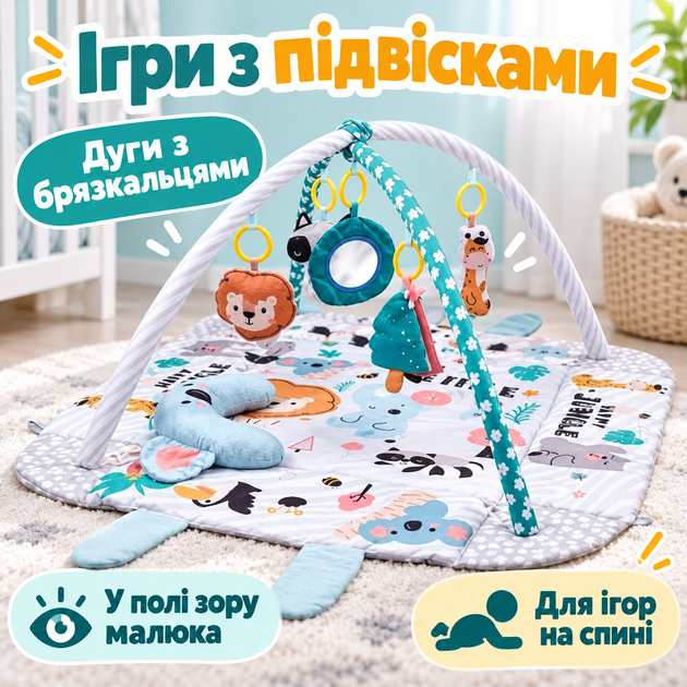 Розвивальний килимок для малюка від народження Заєць 136×136 см, дитячий ігровий килимок з дугами, м'якими бортиками, подушкою та брязкальцями - зображення 2
