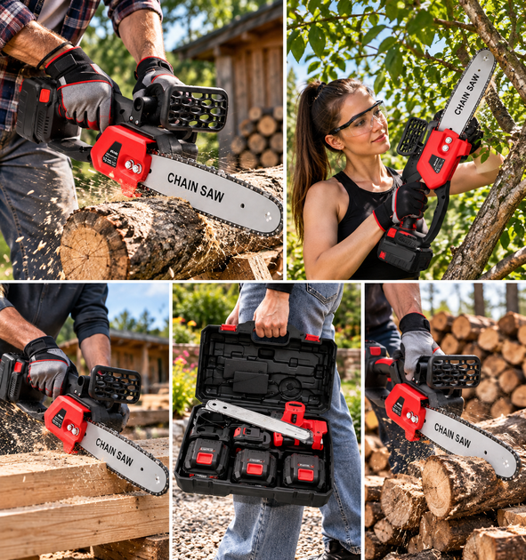 Акумуляторна ланцюгова пила Chain Saw 16″ 36V 2 АКБ 6.0 Ah шина 40 см 3/8″ 11 м/с 5500 об/хв у кейсі для дров гілок саду - зображення 2