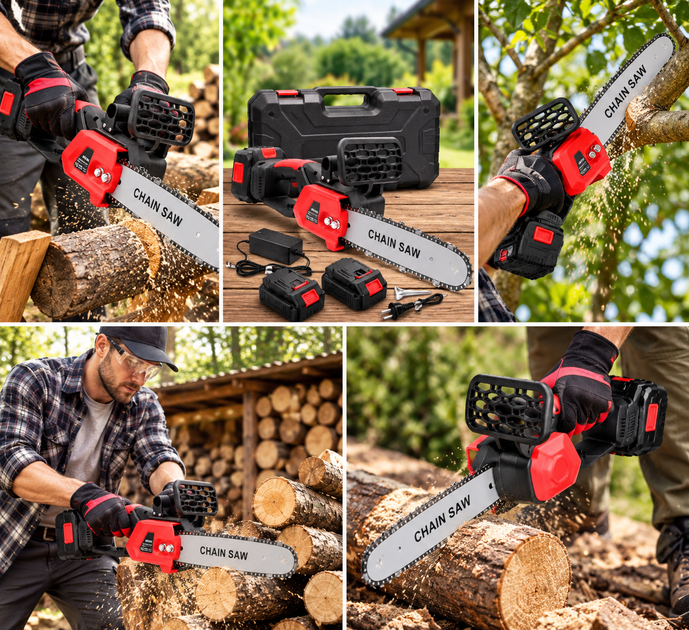 Акумуляторна ланцюгова пила Chain Saw 16″ 36V 2 АКБ 6.0 Ah шина 40 см 3/8″ 11 м/с 5500 об/хв у кейсі для дров гілок саду - зображення 3