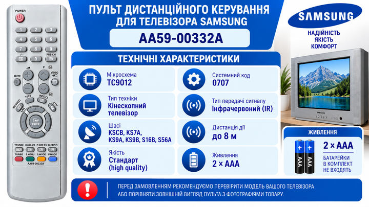Пульт дистанційного керування (ДК) для телевізора SAMSUNG моделі AA59-00332A - изображение 3