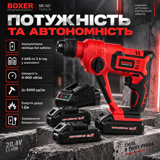 Акумуляторний перфоратор BOXER SR-147 SDS+ Li-Ion для бетону, цегли та ремонту - зображення 3