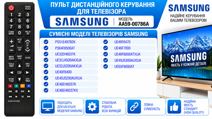 Пульт дистанційного керування (ДК) для телевізора SAMSUNG моделі AA59-00786A - изображение 2