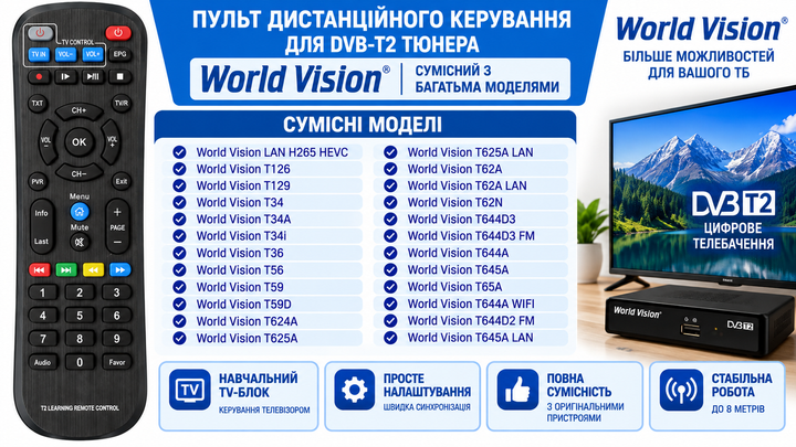 Пульт дистанційного керування для DVB тюнера WORLD VISION T34A, T34i, T36, T56, T59, T59D, T62A, T62N, T65A, T126, T129 - изображение 2