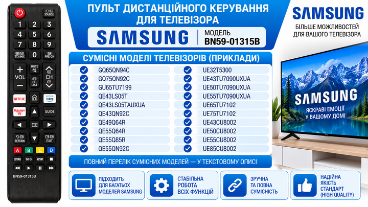 Пульт дистанційного керування (ДК) для телевізора SAMSUNG моделі BN59-01315B - изображение 2