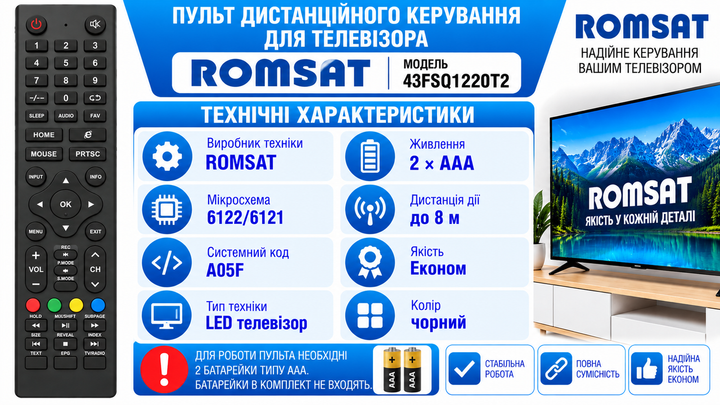 Пульт дистанційного керування для телевізора ROMSAT модель 43FSQ1220T2 - изображение 3