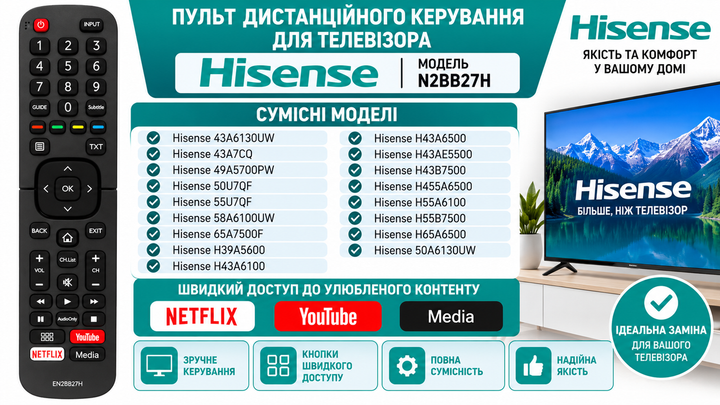 Пульт дистанційного керування для телевізора HISENSE модель N2BB27H - Фото 2 Пульт дистанційного керування для телевізора HISENSE модель N2BB27H - изображение 2